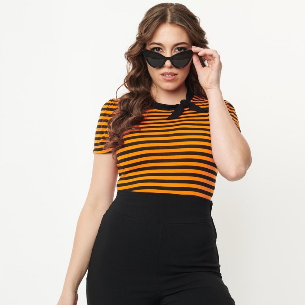 Unique Vintage 1950s Orange & Black Stripe Bow Sweetie Knit Top - womens/juniors